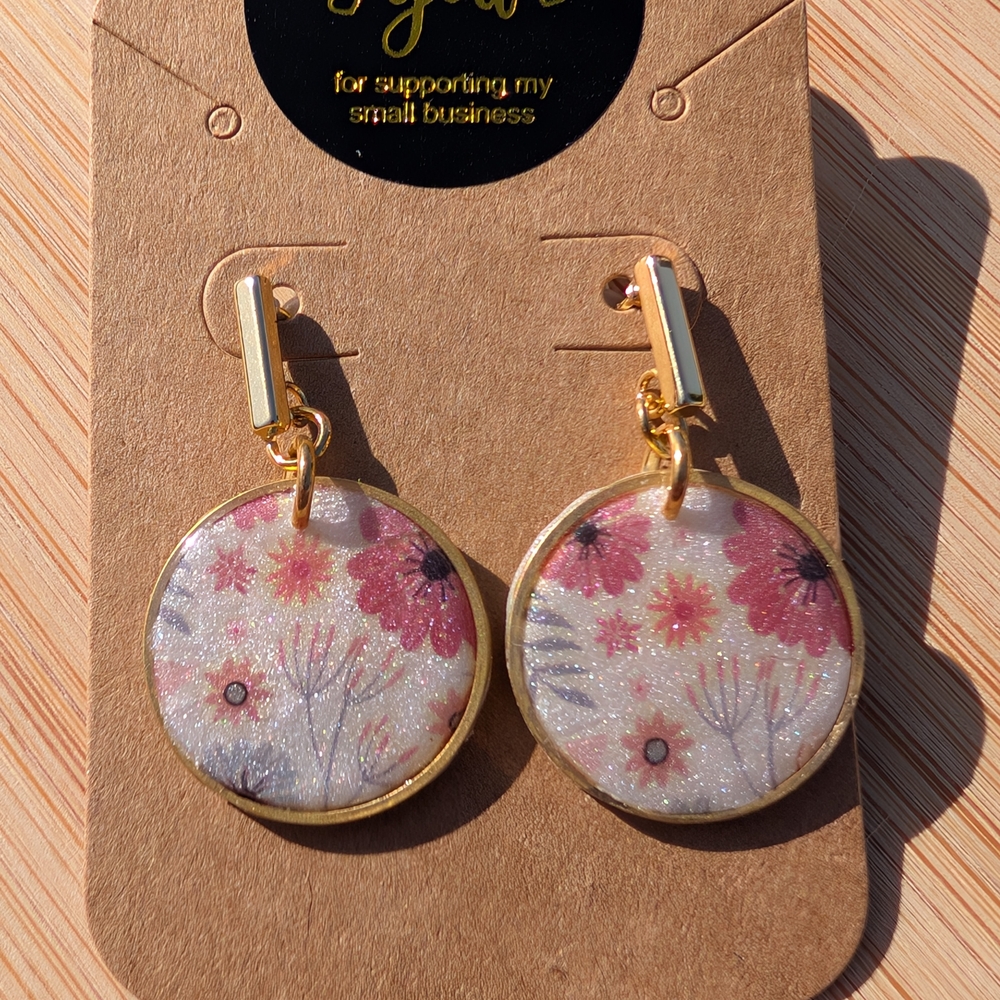 Gold and Pink Floral Dangle Earrings